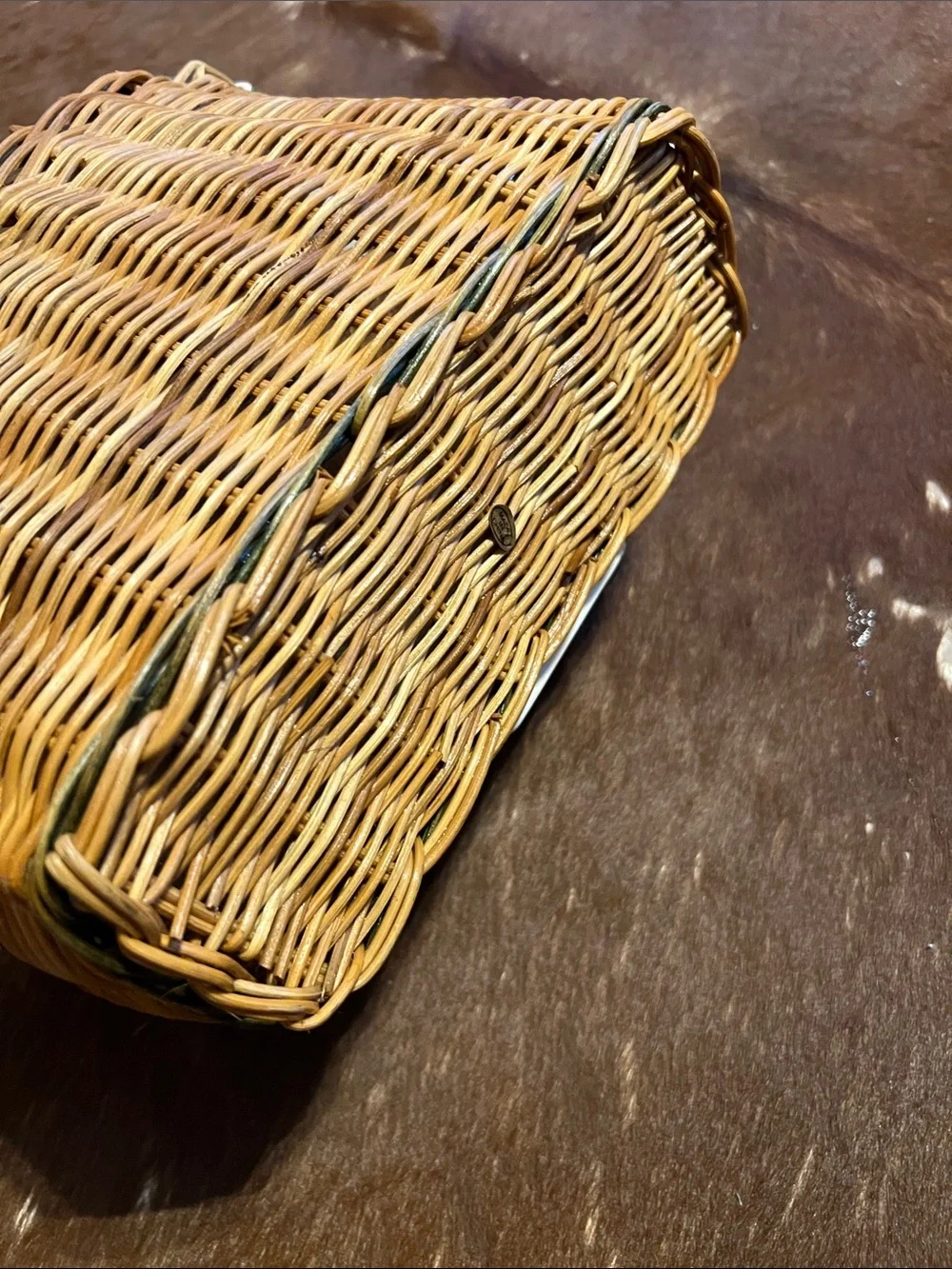 VTG Woven Wicker Ceramic Tile Oval Basket w/ 2 Flower Ceramic Handles